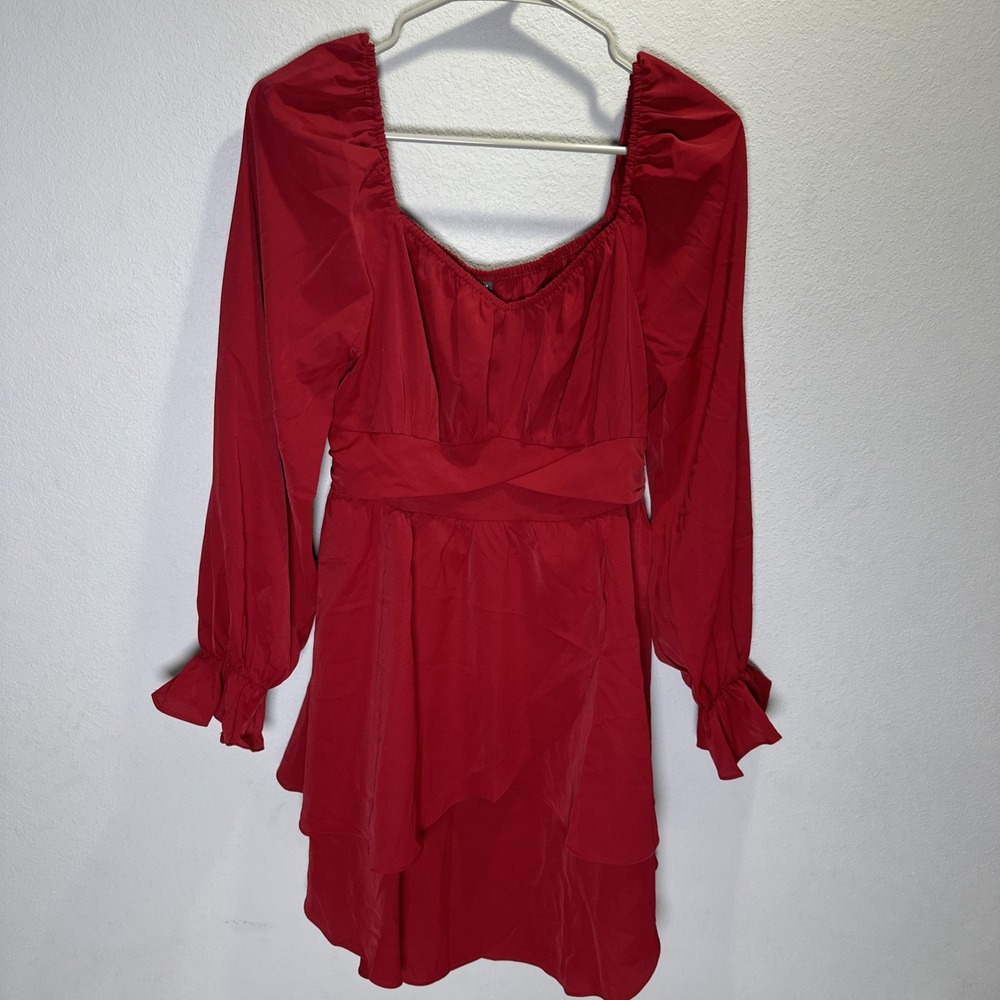 OUGES Women's Size Medium Dress Red Long Sleeve Layered Tiered Ruffle